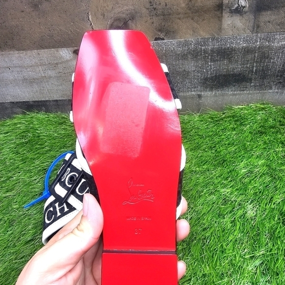 Christian Louboutin Black/White Logo Canvas and Leather Crossimule Flat Slides - Picture 9 of 11